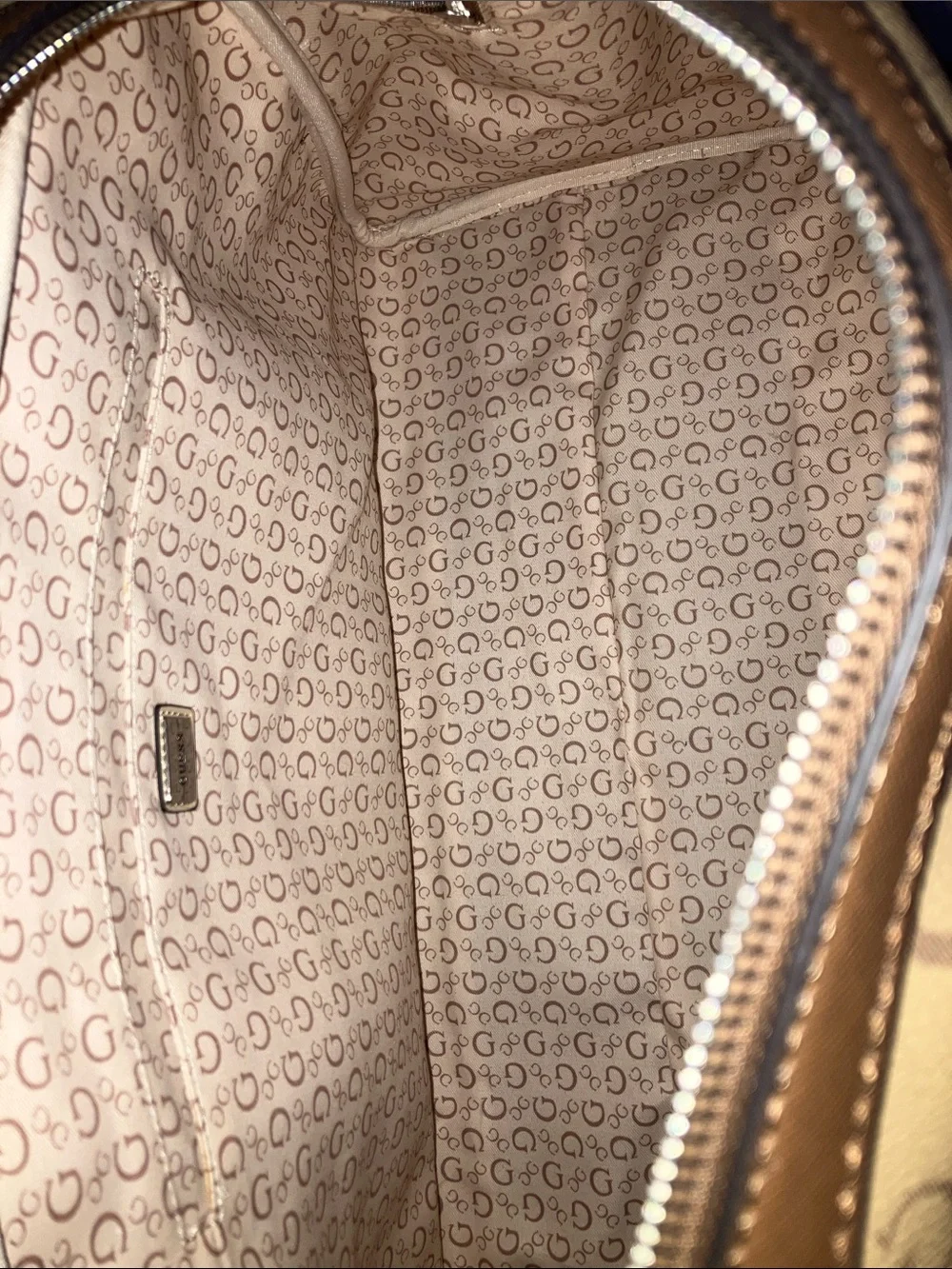 GUESS Tan and Brown Logo Duffel Bag